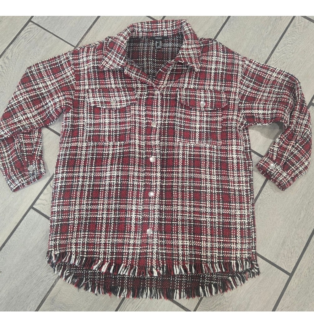 Forever 21 Red Plaid Boucle Tweed Shacket Fringe Hem Button Down Jacket M